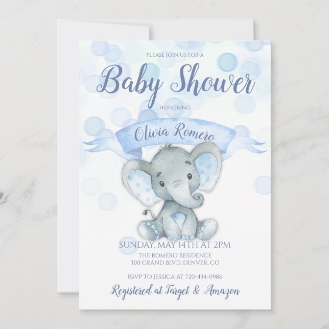 Blue Elephant Boy Baby Shower Invitation (Front)