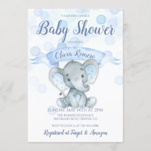 Blue Elephant Boy Baby Shower Invitation