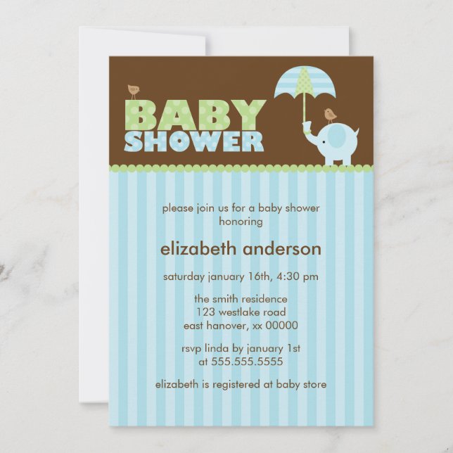 Blue Elephant Boy Baby Shower Invitation (Front)