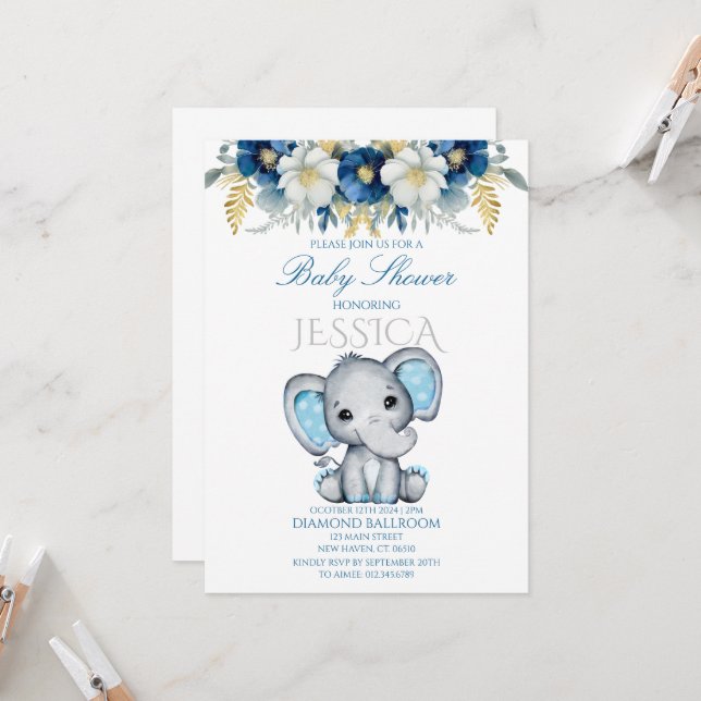 Blue Elephant Boy Baby Shower Invitation (Front/Back In Situ)
