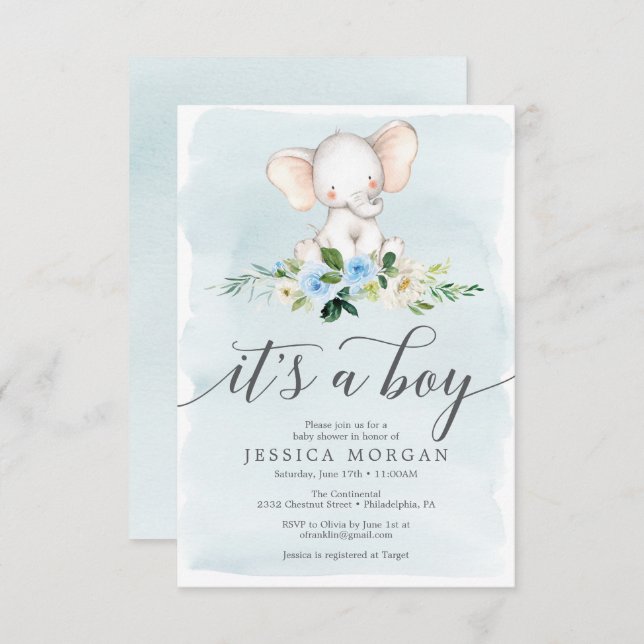Blue Elephant Boy Baby Shower Invitation Card (Front/Back)