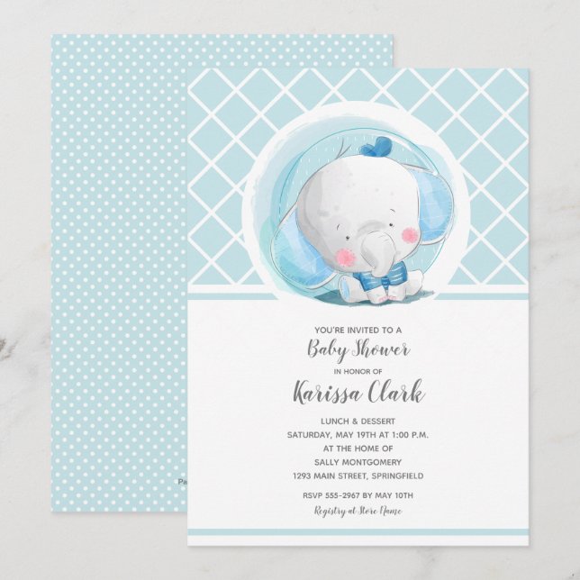 Blue Elephant Boy Baby Shower Invitations (Front/Back)