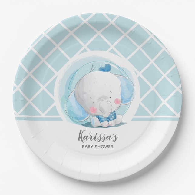 Blue Elephant Boy Baby Shower Paper Plate (Front)