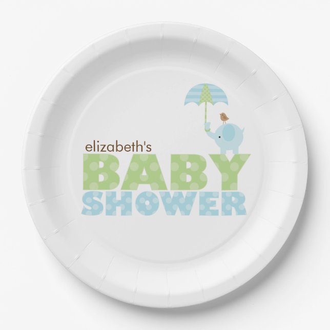Blue Elephant Boy Baby Shower Paper Plate (Front)