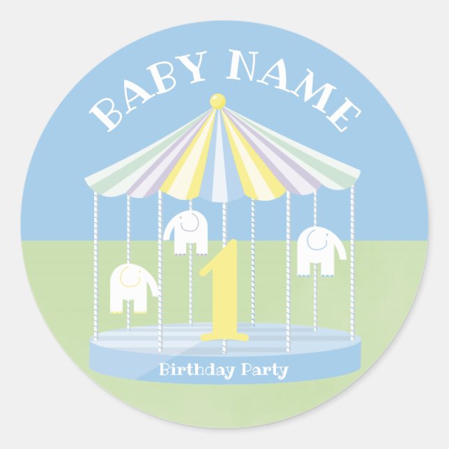Blue Elephant Carousel Birthday Classic Round Sticker (Front)