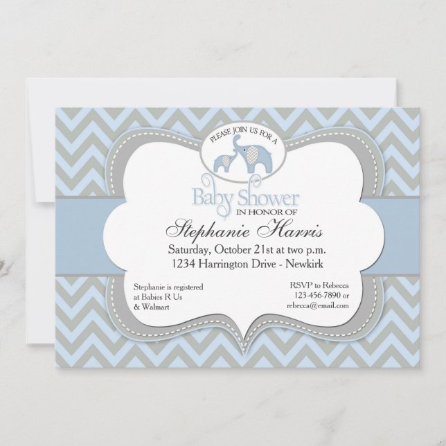 Blue Elephant Chevron Baby Shower Invitation (Front)