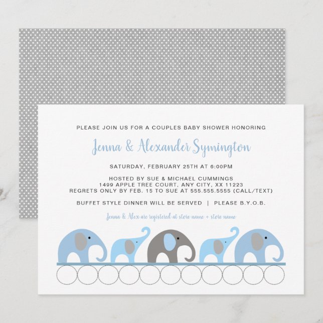 Blue Elephant Couples Baby Shower Invitation (Front/Back)