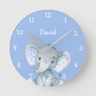 Blue Elephant Cute Baby Boy Name Personalised Round Clock