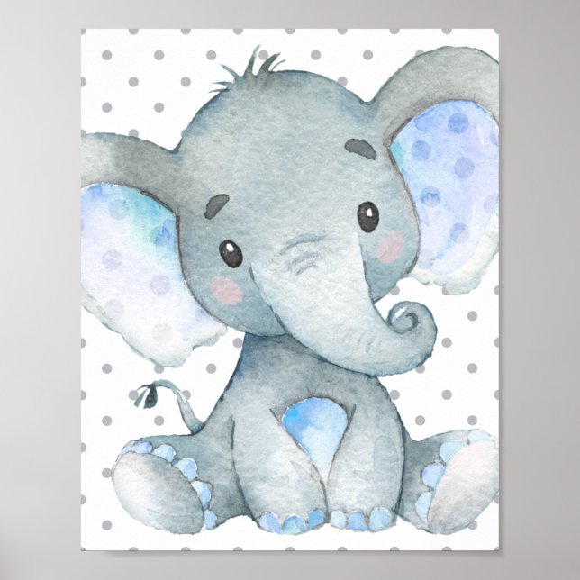 Blue Elephant Cute Baby Boy Nursery Gift Poster (Front)