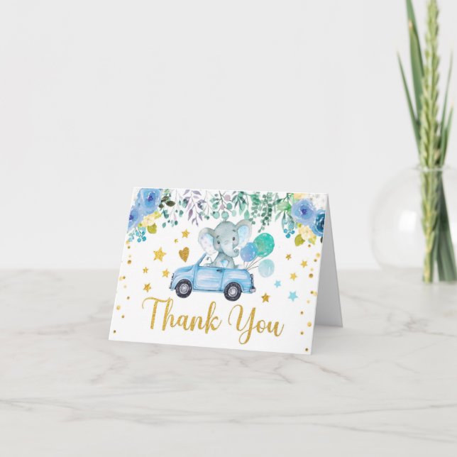 Blue Elephant Drive Through Baby Shower Car Thank You Card (Front)