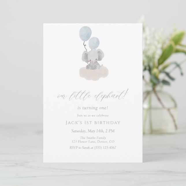 Blue Elephant First Birthday Invitation  (Standing Front)
