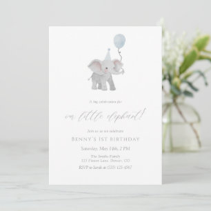 Blue Elephant First Birthday Invitation Watercolor