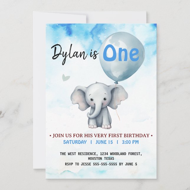 Blue Elephant first birthday party Invitation (Front)