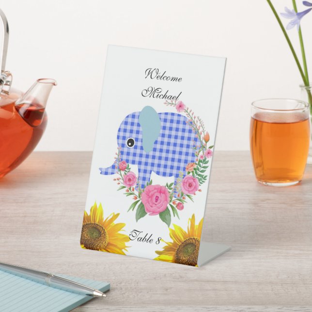 Blue Elephant Floral Rose Pedestal Sign (In SItu)