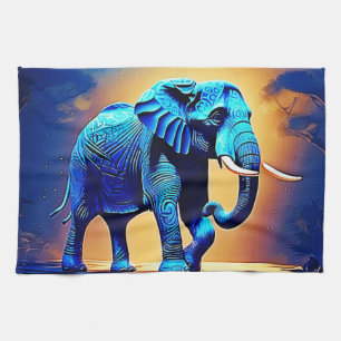 Blue Elephant Glow Design Tea Towel