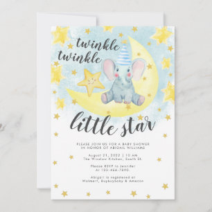 Blue Elephant Gold Twinkle Little Star Baby Shower Invitation