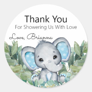 Blue Elephant Greenery Baby Shower Thank You Classic Round Sticker