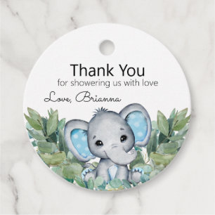 Blue Elephant Greenery Baby Shower Thank You Favour Tags