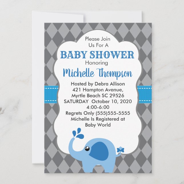 Blue Elephant Grey Background Baby Shower Invite (Front)