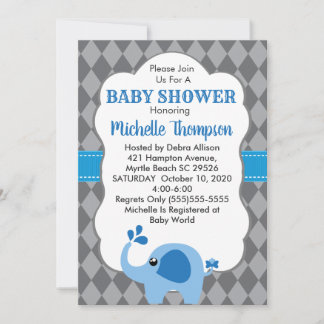 Blue Elephant Grey Background Baby Shower Invite