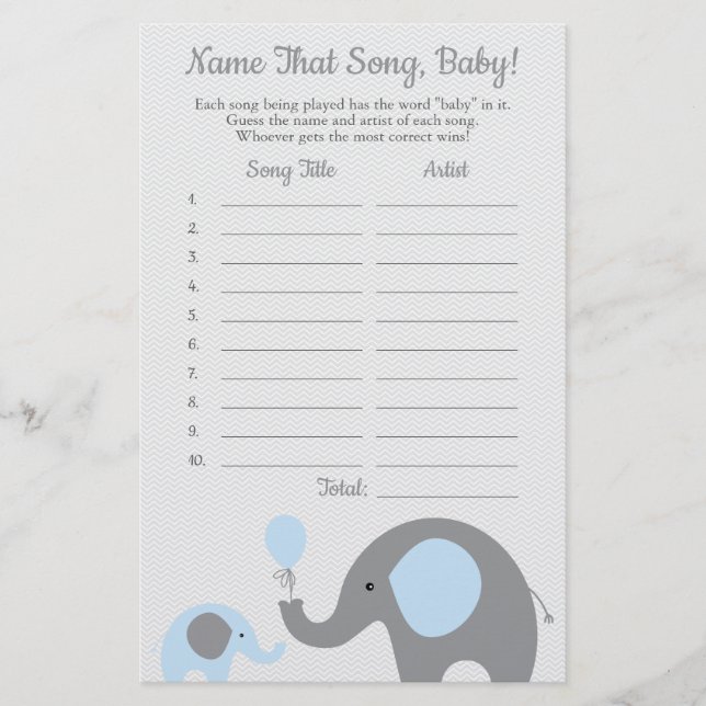 Blue Elephant Guess the Baby Song Baby Shower Game Flyer (Front)