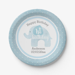Blue Elephant Happy 1st Birthday Paper Plate
