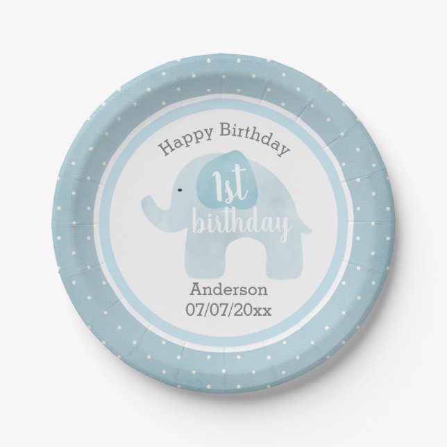 Blue Elephant Happy 1st Birthday Paper Plate (Front)