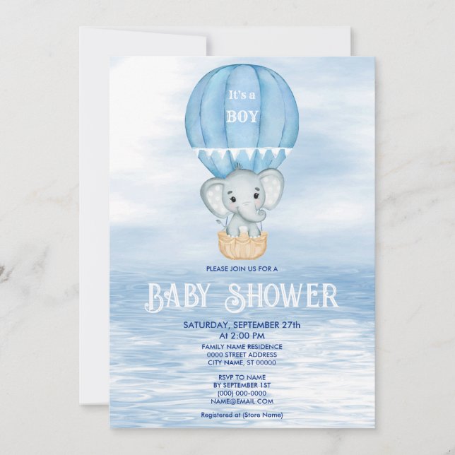 Blue Elephant Hot Air Balloon Baby Shower Invitation (Front)
