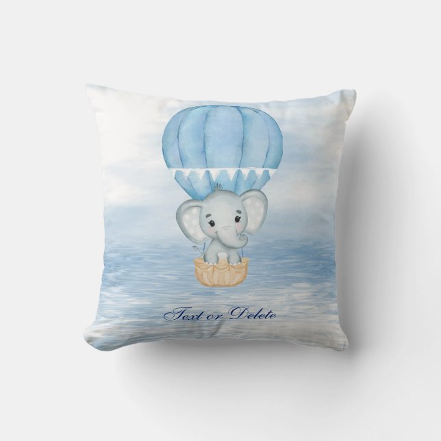 Blue Elephant Hot Air Balloon Throw Pillow (Front)