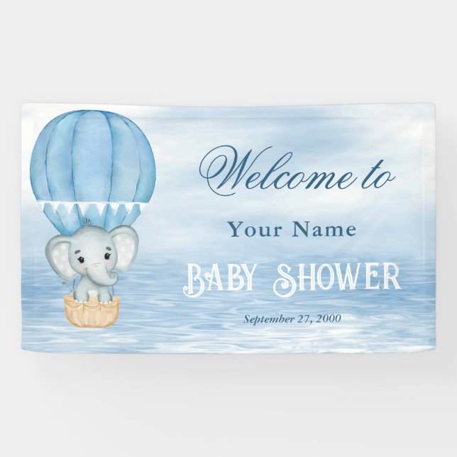 Blue Elephant Hot Air Balloon Welcome Banner (Horizontal)