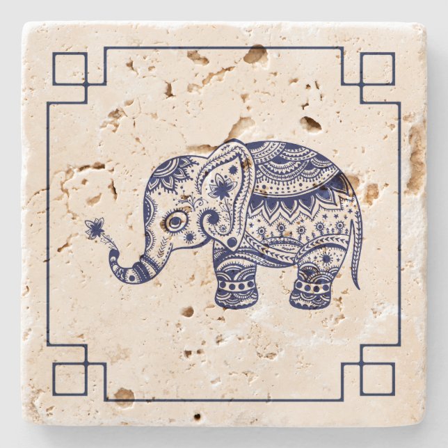 Blue Elephant Illustration Simple Frame Stone Coaster (Front)