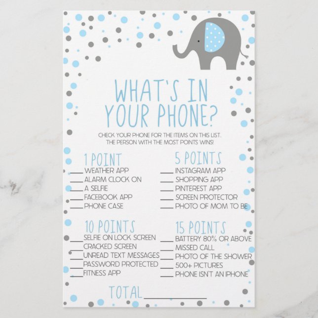  Blue Elephant In Your Phone Baby Shower Game  Stationery (Front)