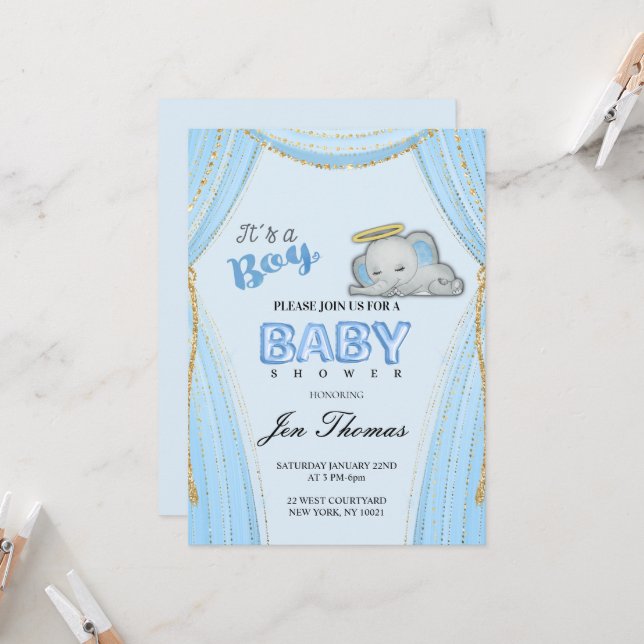 Blue Elephant Invitation Baby Shower (Front/Back In Situ)