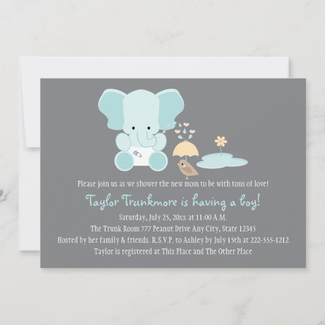 Blue Elephant Little Bird Baby Shower Invitation (Front)
