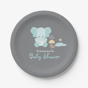 Blue Elephant Little Bird Baby Shower Paper Plate