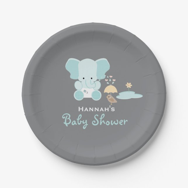 Blue Elephant Little Bird Baby Shower Paper Plate (Front)