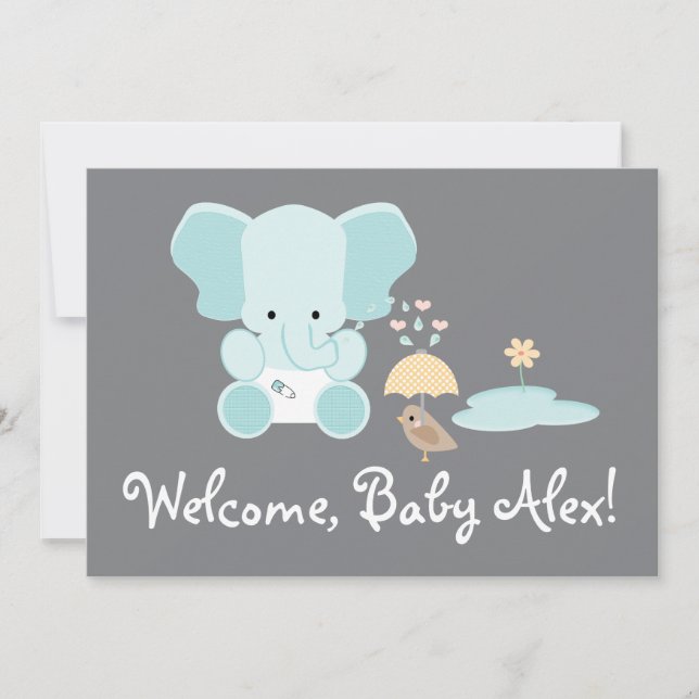Blue Elephant Little Bird Welcome Baby Invitation (Front)