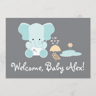 Blue Elephant Little Bird Welcome Baby Invitation