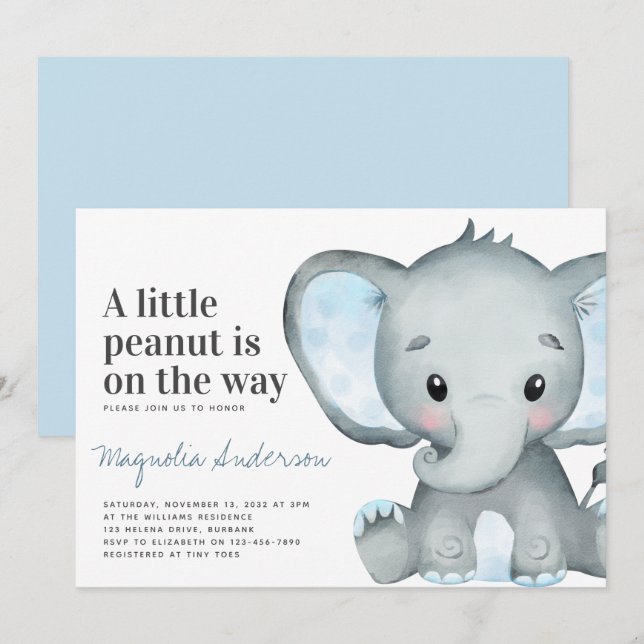 Blue Elephant Little Peanut Baby Shower Invitation (Front/Back)