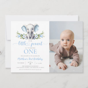 Blue Elephant Little Peanut Boy 1st Birthday Photo Invitation