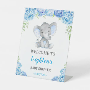 Blue Elephant Little Peanut Boy Baby Shower Welcom Pedestal Sign