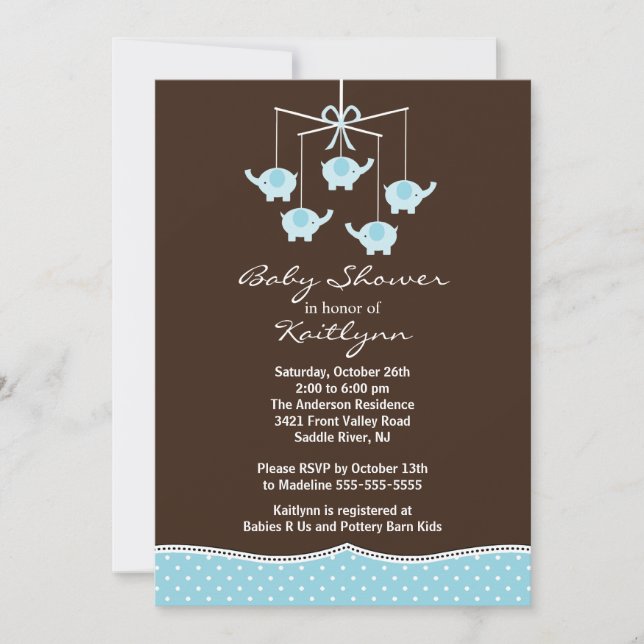 Blue Elephant Mobile Boy Baby Shower Invitation (Front)