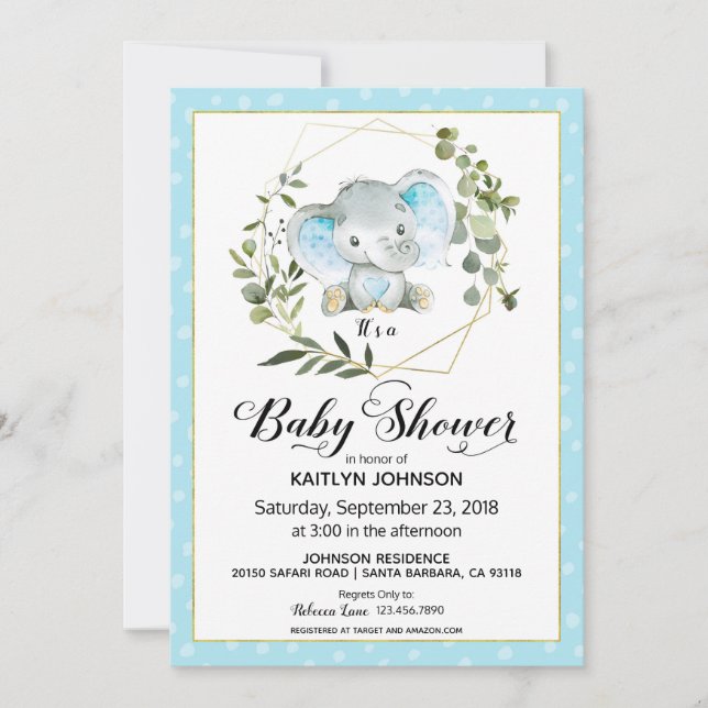 Blue Elephant Modern Baby Shower Invitation (Front)