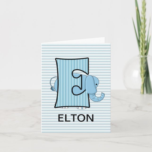 Blue Elephant Monogram E Kid's Blank Note Card (Front)