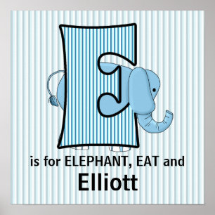 Blue Elephant Monogrammed E Baby Room Poster