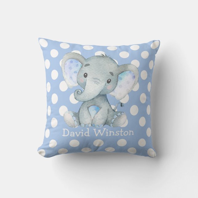 Blue Elephant Nursery Decor Personalised Baby Boy Cushion (Front)