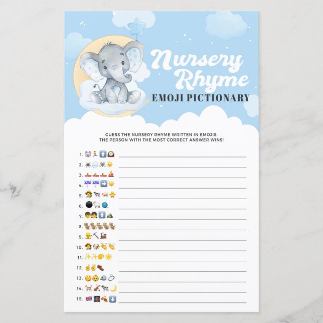 Blue Elephant Nursery Rhyme Emoji Pictionary Game (Front)