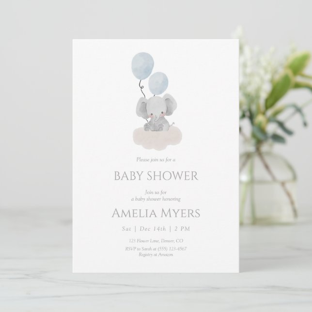 Blue Elephant on Cloud Baby Shower Invitation (Standing Front)