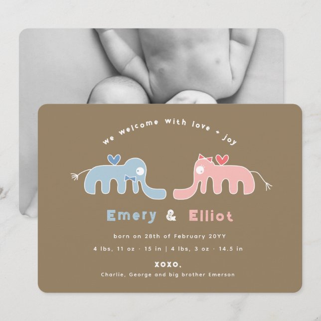 Blue Elephant Photo Baby Boy Birth Announcement (Front/Back)