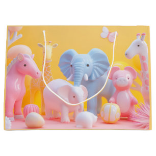 Blue elephant, pink horse on yellow large gift bag